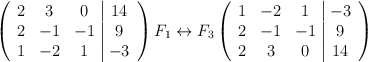 \left( \begin{array}{ccc|c} 2 & 3 & 0 & 14 \\ 2 & -1 & -1 & 9 \\ 1& -2& 1 & -3\end{array} \right) F_1 \leftrightarrow F_3 \left( \begin{array}{ccc|c} 1 & -2 & 1 & -3 \\ 2 & -1 & -1 & 9 \\ 2& 3& 0 & 14\end{array} \right)