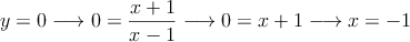 y=0 \longrightarrow 0 = \frac{x+1}{x-1} \longrightarrow 0=x+1 \longrightarrow x=-1