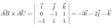 \vec{AB} \times \vec{AC} = \left| \begin{array}{ccc} 
\vec{i} &\vec{j} &\vec{k} \\
0 & -1 & 1 \\
 -1 & 1 & 1 
\end{array} \right| = -3\vec{i} -2\vec{j} -\vec{k}