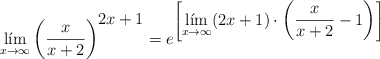 \lim_{x \rightarrow \infty} \left( \frac{x}{x+2} \right)^{\displaystyle 2x+1} =  e^{\left[ \displaystyle \lim_{x \rightarrow \infty} (2x+1) \cdot \left( \frac{x}{x+2} -1 \right) \right]}