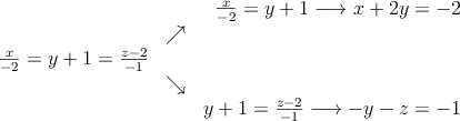 \begin{array}{ccr}
 & & \frac{x}{-2}=y+1 \longrightarrow x+2y=-2\\
  & \nearrow & \\
\frac{x}{-2}=y+1=\frac{z-2}{-1} & & \\
  & \searrow & \\
& & y+1=\frac{z-2}{-1}  \longrightarrow -y-z=-1
\end{array}