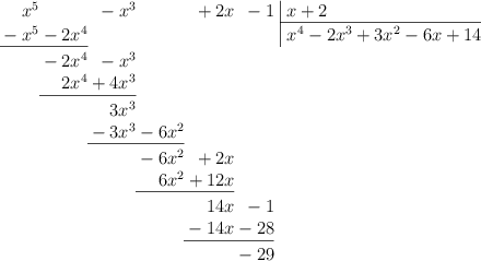 \polylongdiv[style=D]{x^5-x^3+2x-1}{x+2}