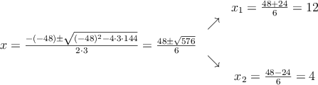 \begin{array}{ccc} & & x_1 = \frac{48+24}{6}=12\\ & \nearrow &\\ x=\frac{-(-48)\pm \sqrt{(-48)^2-4 \cdot3\cdot144}}{2 \cdot3}=
\frac{48\pm \sqrt{576}}{6}& &\\ & \searrow &\\& &x_2 = \frac{48-24}{6}=4\end{array}