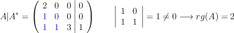 A|A^*=\left(
\begin{array}{ccc|c}
2 & 0  & 0 & 0 \\
\textcolor{blue}{1} & \textcolor{blue}{0}   & 0 & 0 \\
\textcolor{blue}{1} & \textcolor{blue}{1} & 3 &  1 
\end{array}
\right) \qquad
\left|
\begin{array}{cc}
1 & 0    \\
1 & 1   
\end{array}
\right| = 1 \neq 0 \longrightarrow rg(A)=2
