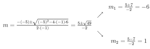 
\begin{array}{ccc} & & m_1 = \frac{5+7}{-2}=-6\\ & \nearrow &\\ m=\frac{-(-5)\pm \sqrt{(-5)^2-4 \cdot(-1)\cdot6}}{2 \cdot(-1)}=
 \frac{5\pm \sqrt{49}}{-2}& &\\ & \searrow &\\& &m_2 = \frac{5-7}{-2}=1\end{array}
