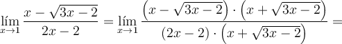 \lim_{x \rightarrow 1} \frac{x - \sqrt{3x-2}}{2x-2}=\lim_{x \rightarrow 1} \frac{\left( x - \sqrt{3x-2} \right) \cdot \left( x + \sqrt{3x-2} \right)}{(2x-2) \cdot \left( x + \sqrt{3x-2} \right)}= \lim_{x \rightarrow 1} \frac{x - \sqrt{3x-2}}{2x-2}=\lim_{x \rightarrow 1} \frac{\left( x - \sqrt{3x-2} \right) \cdot \left( x + \sqrt{3x-2} \right)}{(2x-2) \cdot \left( x + \sqrt{3x-2} \right)}=