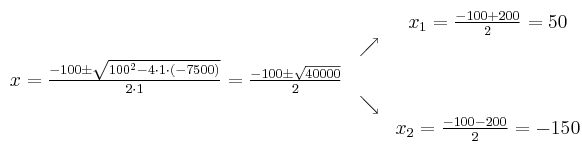 
\begin{array}{ccc} & & x_1 = \frac{-100+200}{2}=50\\ & \nearrow &\\ x=\frac{-100\pm \sqrt{100^2-4 \cdot1\cdot (-7500)}}{2 \cdot1}=
 \frac{-100\pm \sqrt{40000}}{2}& &\\ & \searrow &\\& &x_2 = \frac{-100-200}{2}=-150\end{array}
